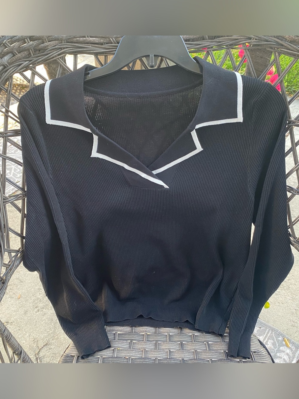 Black Knit Sweater with White Trim SZ M